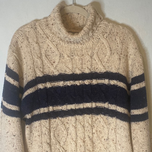No Excess Snow Wear Wool Blend Striped Creme Cable Knit Turtleneck Sweater-Sz M - Picture 3 of 12